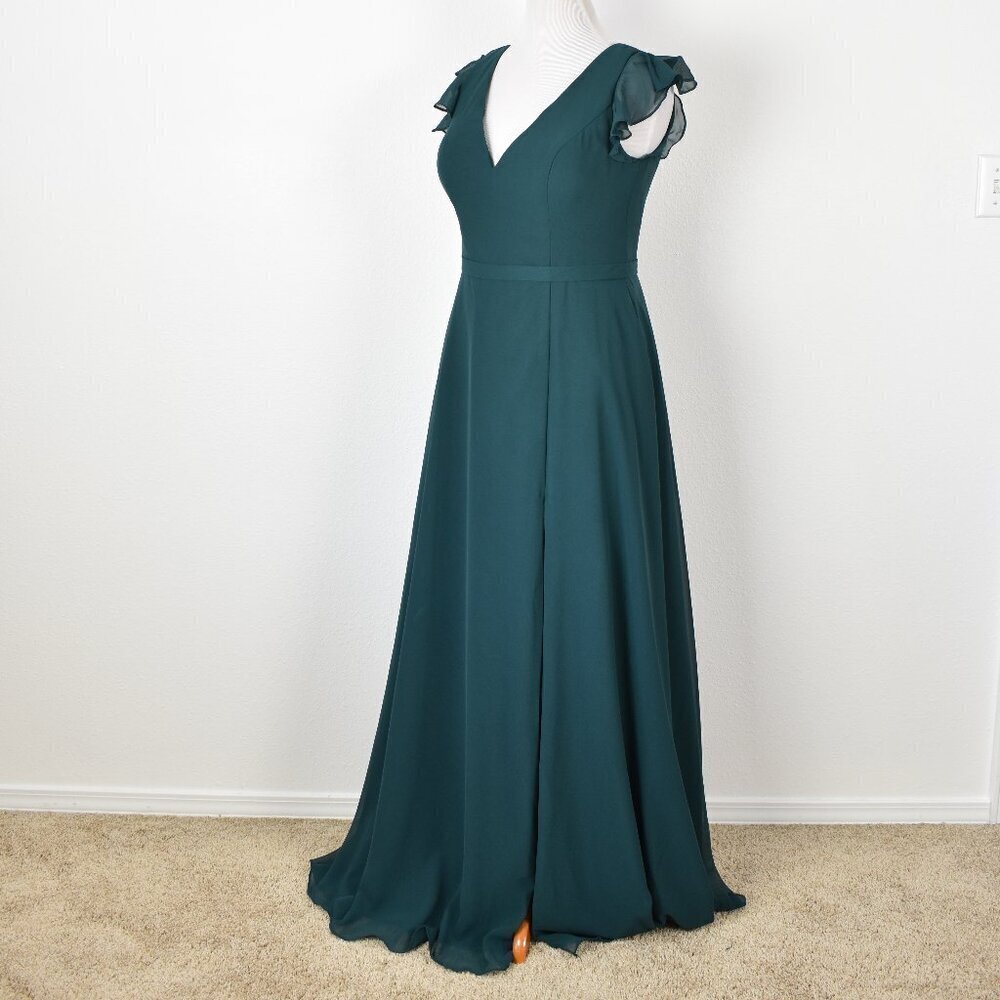 Azazie CLAUDINE Pine A-Line Flutter Sleeve Chiffon Dress NEW - 12 - Picture 5 of 11